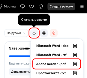 скачивание резюме
